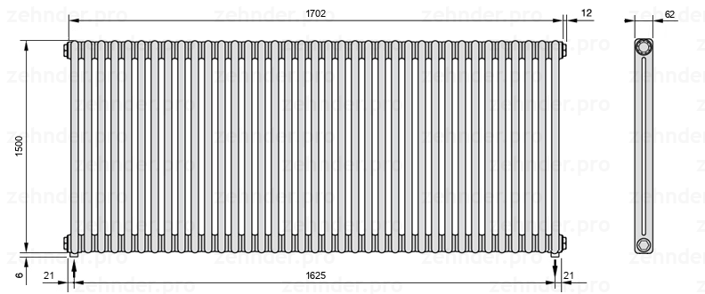 Схема (чертеж) Радиатор Zehnder Charleston 2150/37 №5310 Белый глянцевый RAL 9016